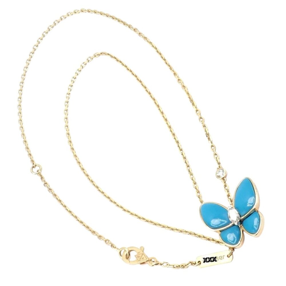 Van Cleef & Arpels 18k Gold Diamond Turquoise Butterfly Pendant Necklace Cert.